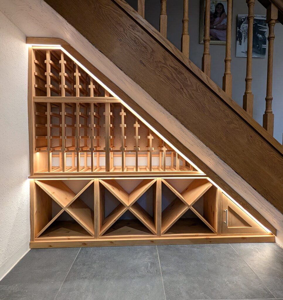 pine with light oak stain understairs wine storage 1