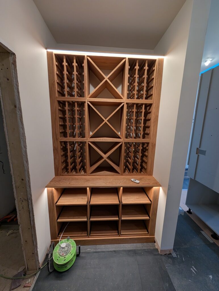 solid oak danish oil wine rack in alcove