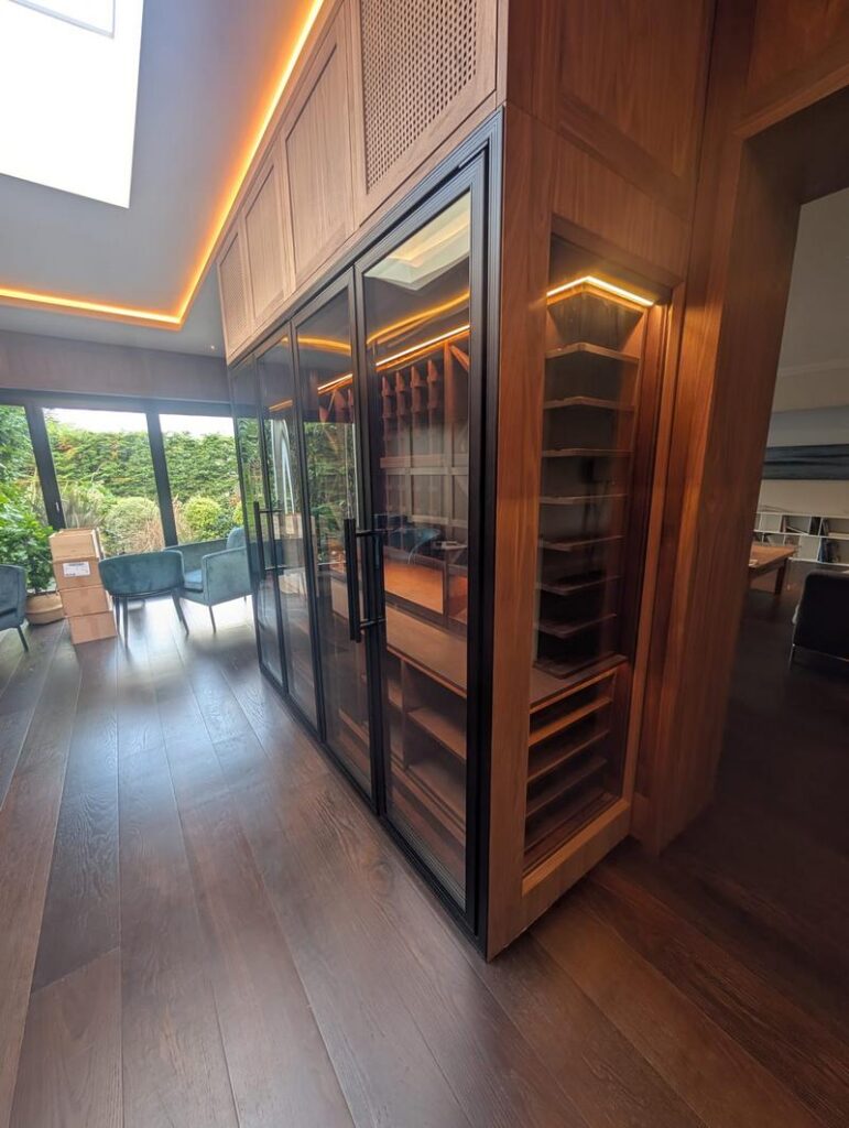 stunning walnut wine fridge display
