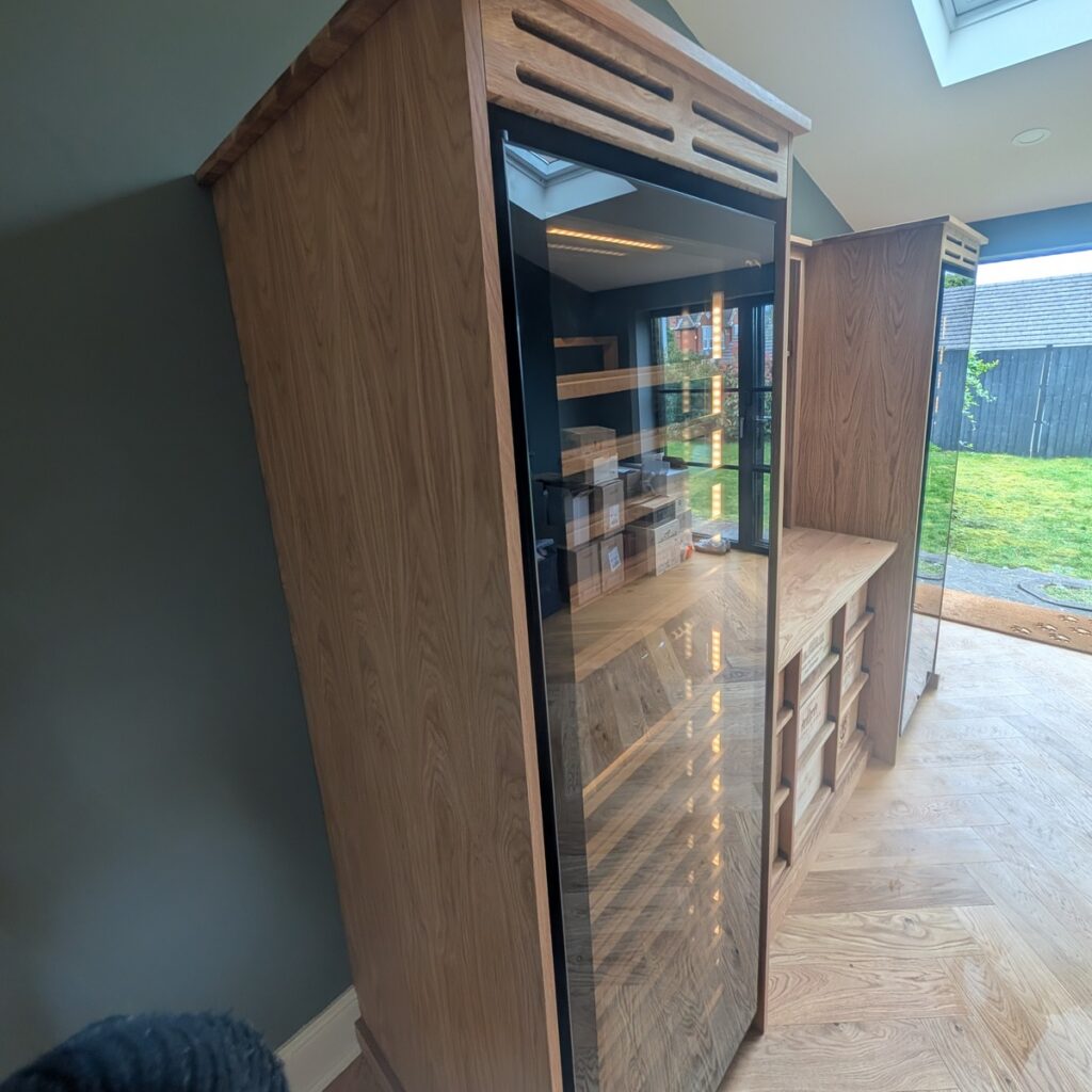 solid oak wine storage with tall fridge for chilled wine
