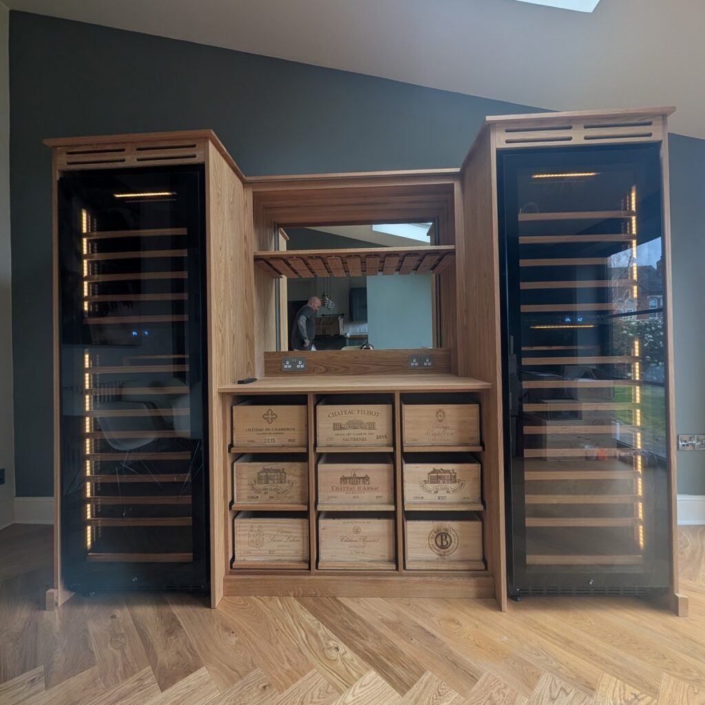 solid oak wine storage with tall fridge for champagne